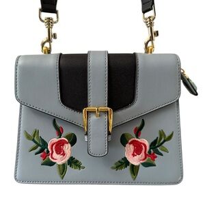 LA’FESTIN Floral Embroidered Blue Leather Style Bag with Two Crossbody Straps.